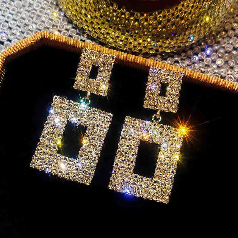 Pendientes colgantes de cristal brillante de lujo, color dorado y plateado, con diamantes de imitación cuadrados, para mujer, joyería para bodas y fiestas.