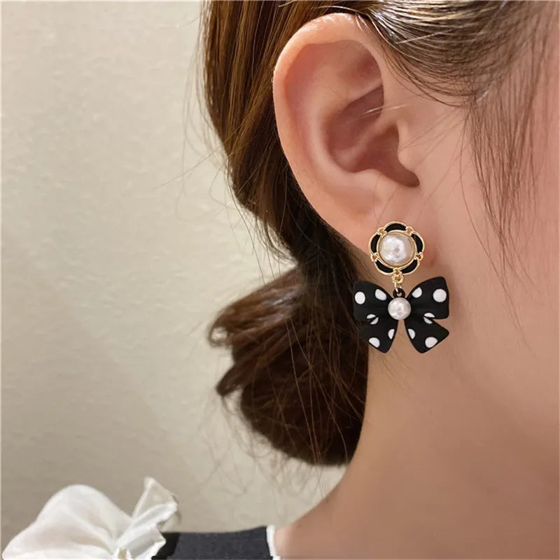New Korean Elegant Cute Bowknot Earrings for Women Fashion Pearl Flower Drop Earrings Boucle D'oreille Wedding Party Jewelry