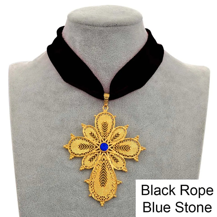 Anniyo Ethiopian Wedding Party Cross Pendant DIY Rope Chain for Women Girls,Gold Color Eritrea Jewelry African Crosses #222306