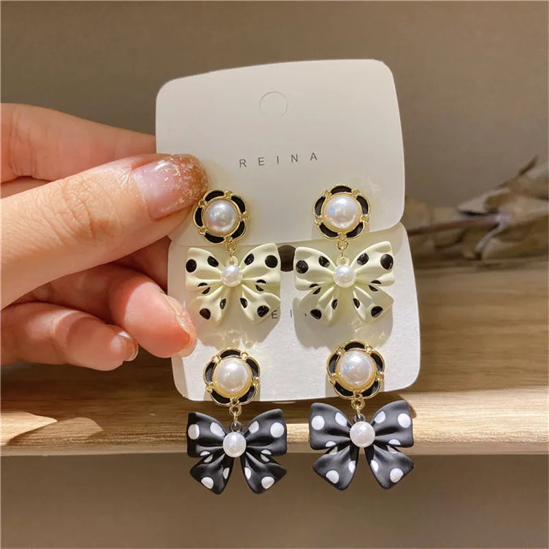 New Korean Elegant Cute Bowknot Earrings for Women Fashion Pearl Flower Drop Earrings Boucle D'oreille Wedding Party Jewelry
