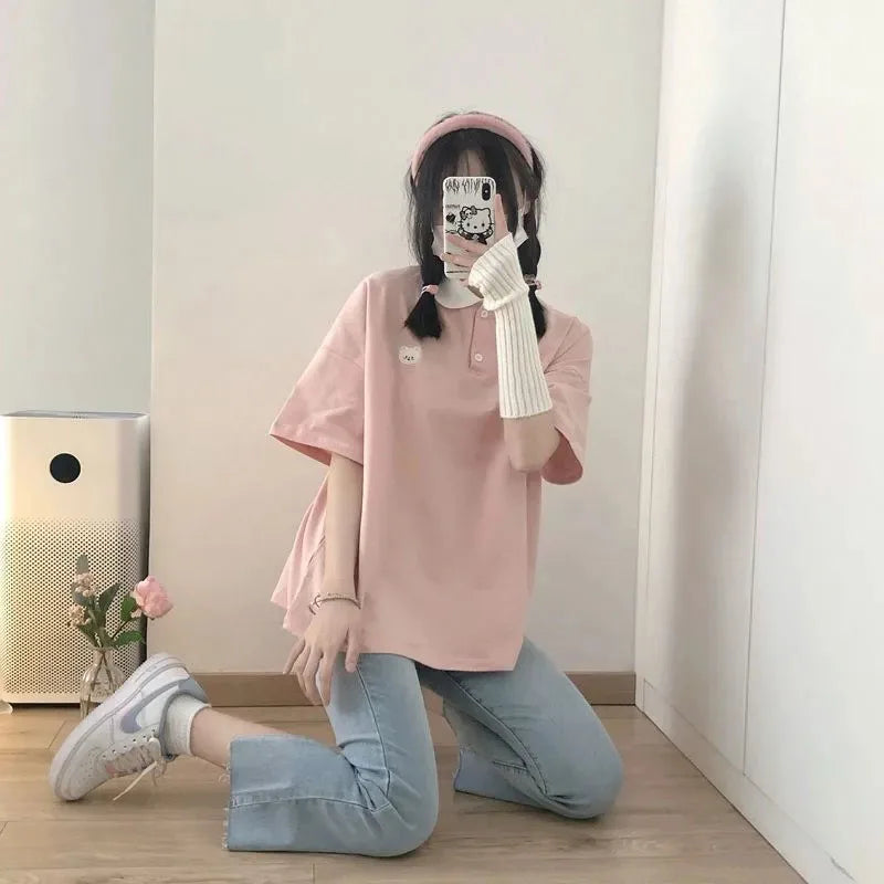 Bear Embroidery Preppy Style Polo Shirts Female T Shirt Short Sleeve Summer Women Tshirt Cotton Cute Tee Loose Oversized Teens
