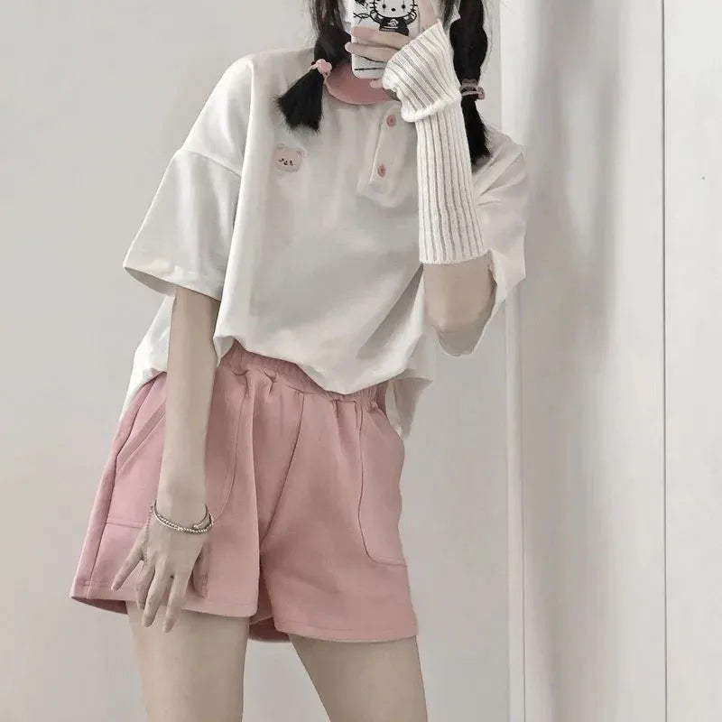 Bear Embroidery Preppy Style Polo Shirts Female T Shirt Short Sleeve Summer Women Tshirt Cotton Cute Tee Loose Oversized Teens