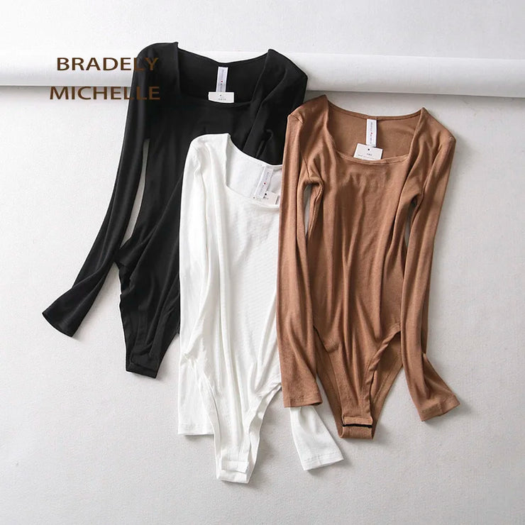 BRADELY MICHELLE Sexy Women Autumn Slim Long Sleeve Square Neck Knitted Tops Bodycon Bodysuits with Hidden Button