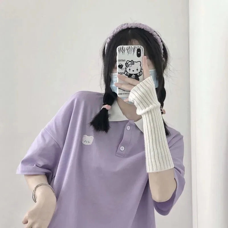 Bear Embroidery Preppy Style Polo Shirts Female T Shirt Short Sleeve Summer Women Tshirt Cotton Cute Tee Loose Oversized Teens