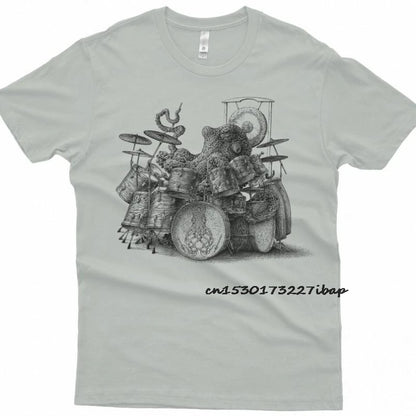 Camisetas divertidas de pulpo tocando la batería para hombre y mujer, 100 % algodón, con estampado personalizado, ideal como regalo.