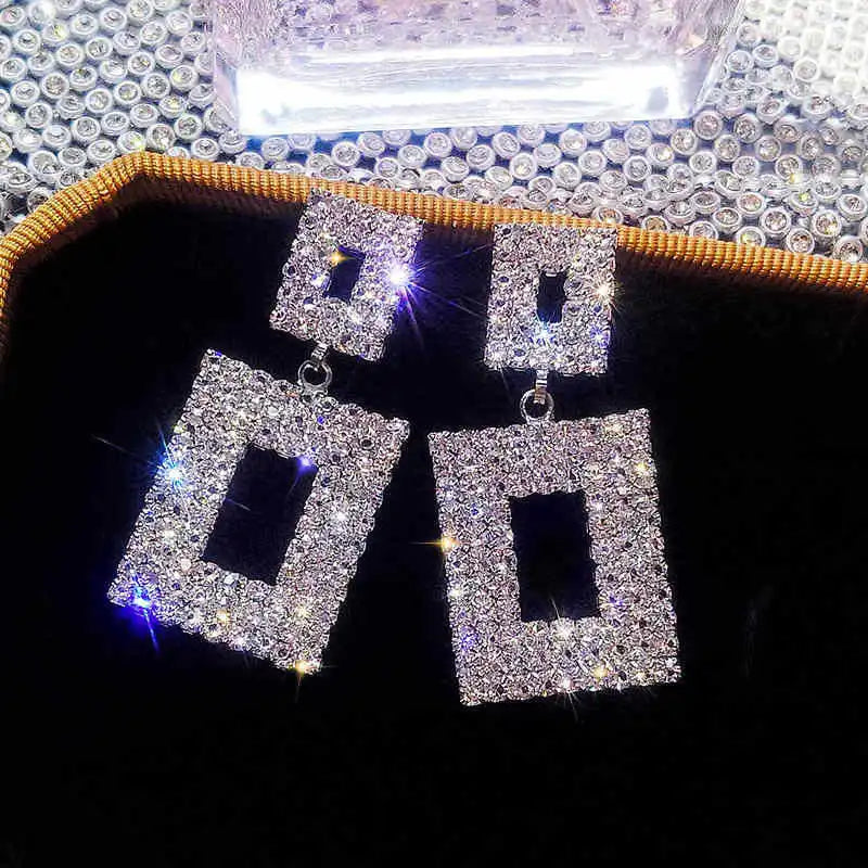 Pendientes colgantes de cristal brillante de lujo, color dorado y plateado, con diamantes de imitación cuadrados, para mujer, joyería para bodas y fiestas.