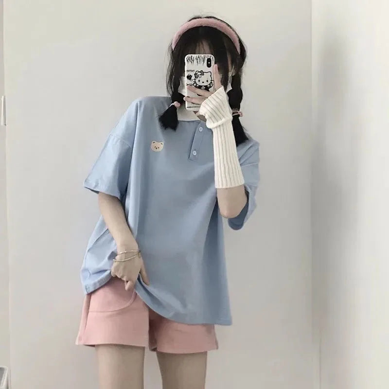 Bear Embroidery Preppy Style Polo Shirts Female T Shirt Short Sleeve Summer Women Tshirt Cotton Cute Tee Loose Oversized Teens