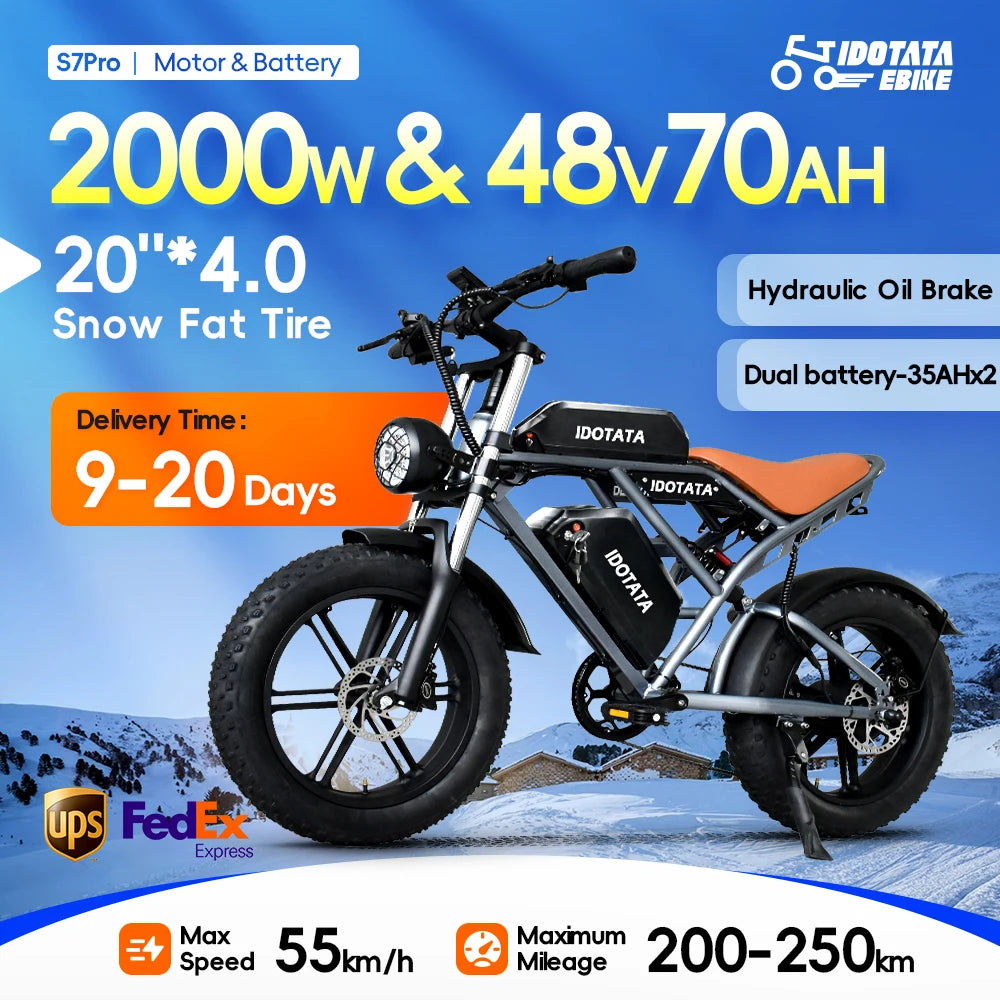 Bicicleta eléctrica IDOTATA-S7 para adultos, batería doble, 48 V, 70 Ah, 20 pulgadas, neumáticos anchos 4.0, bicicleta eléctrica para nieve y montaña, 2000 W