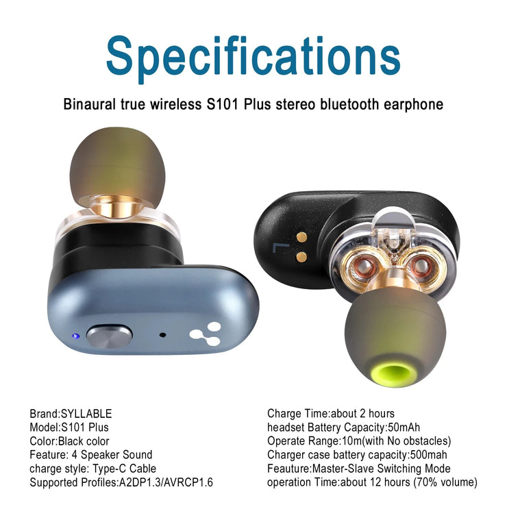 Original SYLLABLE S101 Plus Fit for BT V5.2 Bass Earphones Wireless Headset of QCC3040 Chip S101 Plus Volume Control Earbuds