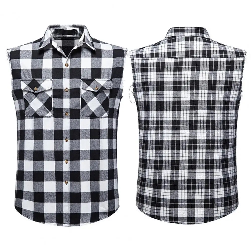 Gilet à revers sans manches pour homme, poches à rabat, simple boutonnage, coupe 3D, imprimé écossais, streetwear