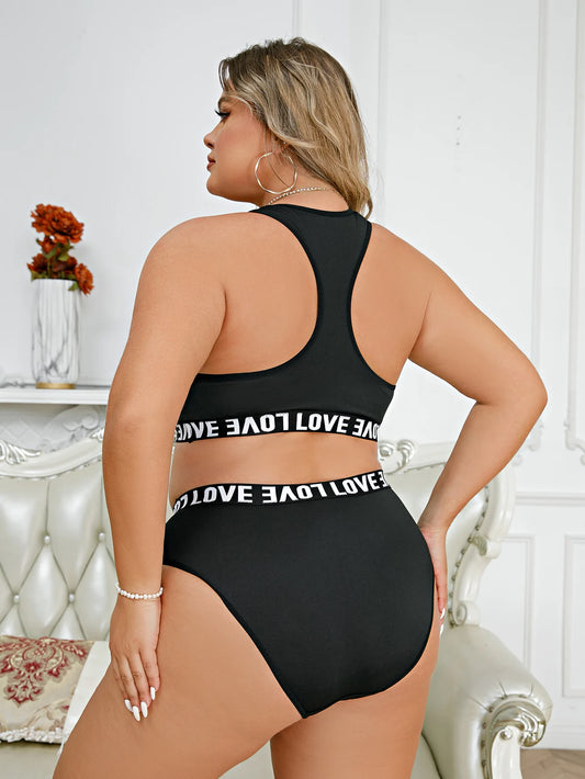 2Pcs Plus Size Casual Lingerie Set Women's Plus Letter Tape Racer Back Seamless Wire Free Bra Underwear