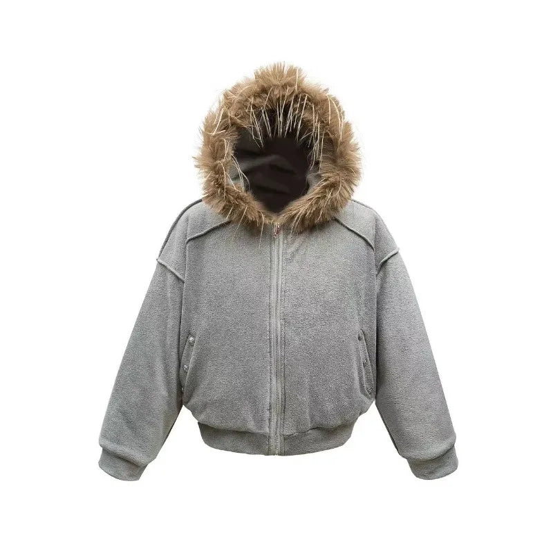 Ropa de calle de moda para hombre Y2k, sudadera informal cálida con cremallera, abrigo grueso holgado retro Harajuku, sudadera con cuello de piel para pareja gótica punk
