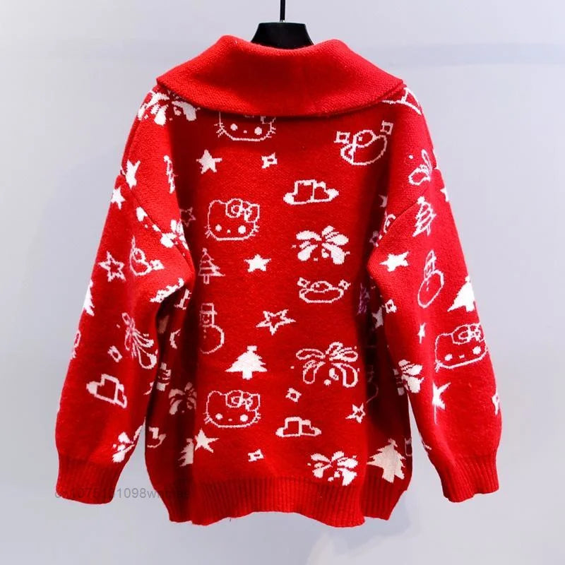 Suéter de punto navideño de Hello Kitty con bufanda para mujer, estilo Y2k, Sanrio, con dibujos animados, informal, holgado, de punto