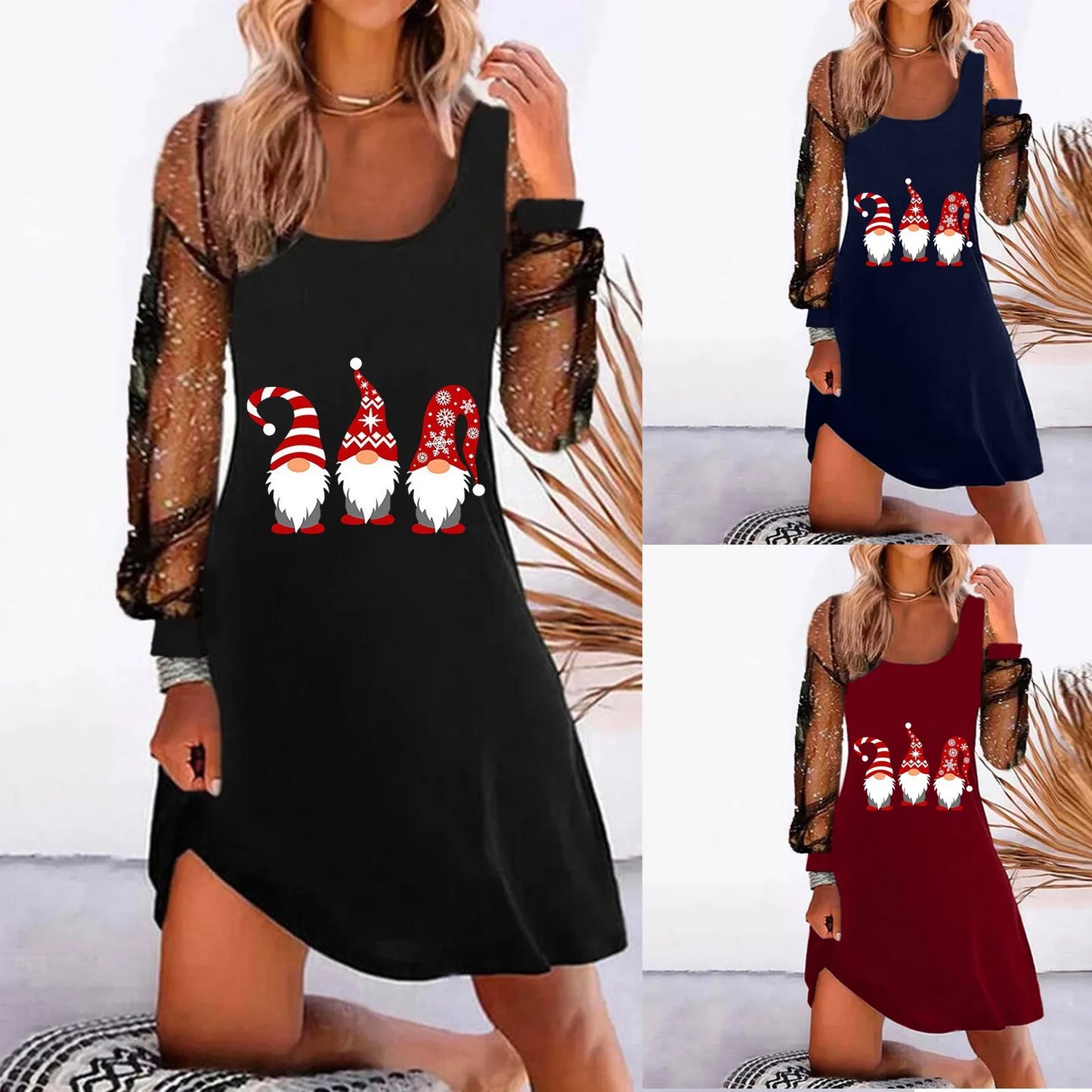 Winter Classic Dresses Women'S Christmas Gifts Square Neck Dress Mesh Spliced Sleeve Loose Fitting Vestidos For Women Trendy