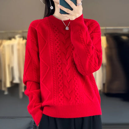 Enlarged And Thickened Merino Wool Sweater Women's Round Neck Autumn Winter New Long Sleeved New Cashmere Knit Pullover Top