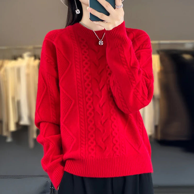 Enlarged And Thickened Merino Wool Sweater Women's Round Neck Autumn Winter New Long Sleeved New Cashmere Knit Pullover Top