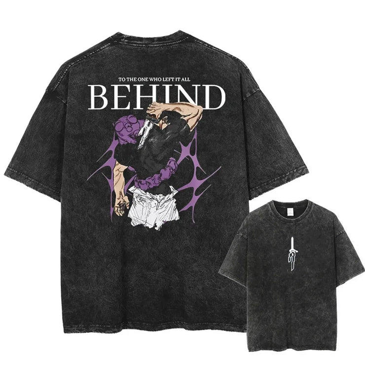 Men Streetwear Washed Acid Oversized T Shirt Japanese Anime Retro Worn Graphic Print T-Shirt Summer Cotton Short Sleeve Tees