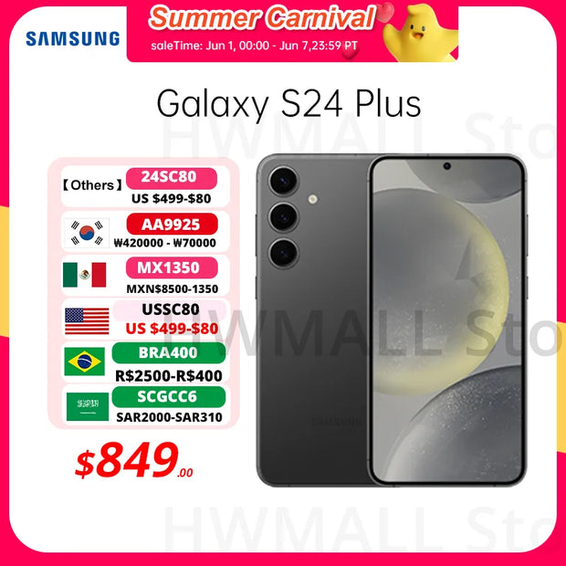 2024 New Samsung Galaxy S24 Plus AI Smartphone Snapdragon 8 Gen 3 50MP Wide Camera 6.7" Dynamic AMOLED 2X Display 45W 4900 mAh