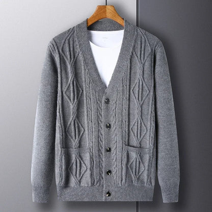 Cardigan en laine épaisse à carreaux pour homme, chaud, décontracté, à manches longues, en tricot