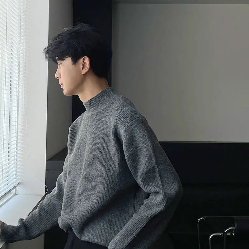 Autumn Winter Fashion Half High Collar Long Sleeve Solid Pullovers Men's Clothing Korean Bottoming Shirt All-match Knitting Tops