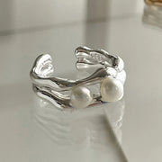 Foxanry Silver Color Pearl Rings for Women New Fashion Simple Double-layered Geometric Handmade Party Jewelry Gifts серьга