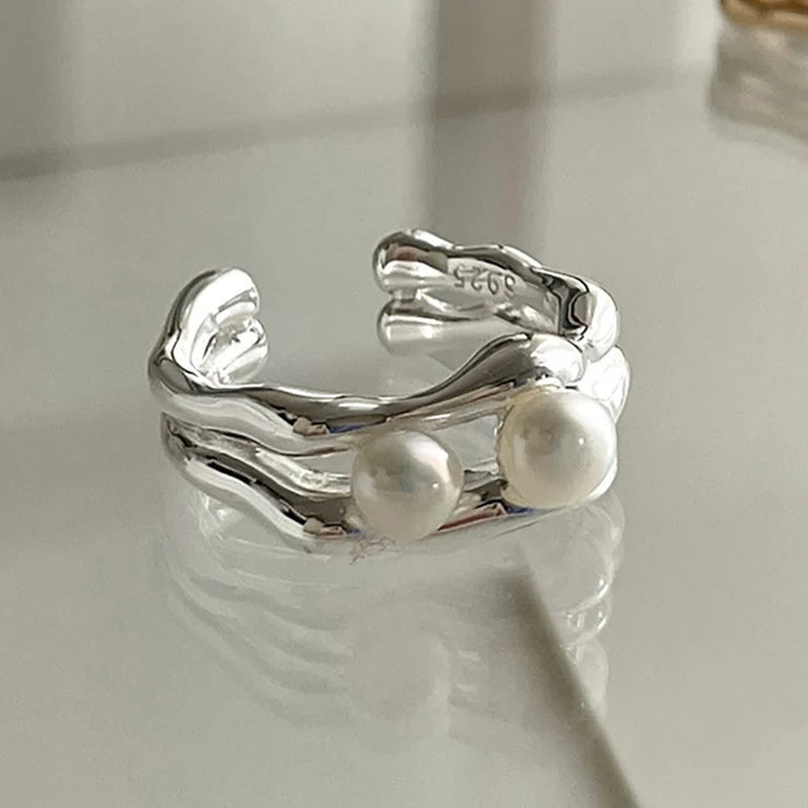 Foxanry Silver Color Pearl Rings for Women New Fashion Simple Double-layered Geometric Handmade Party Jewelry Gifts серьга