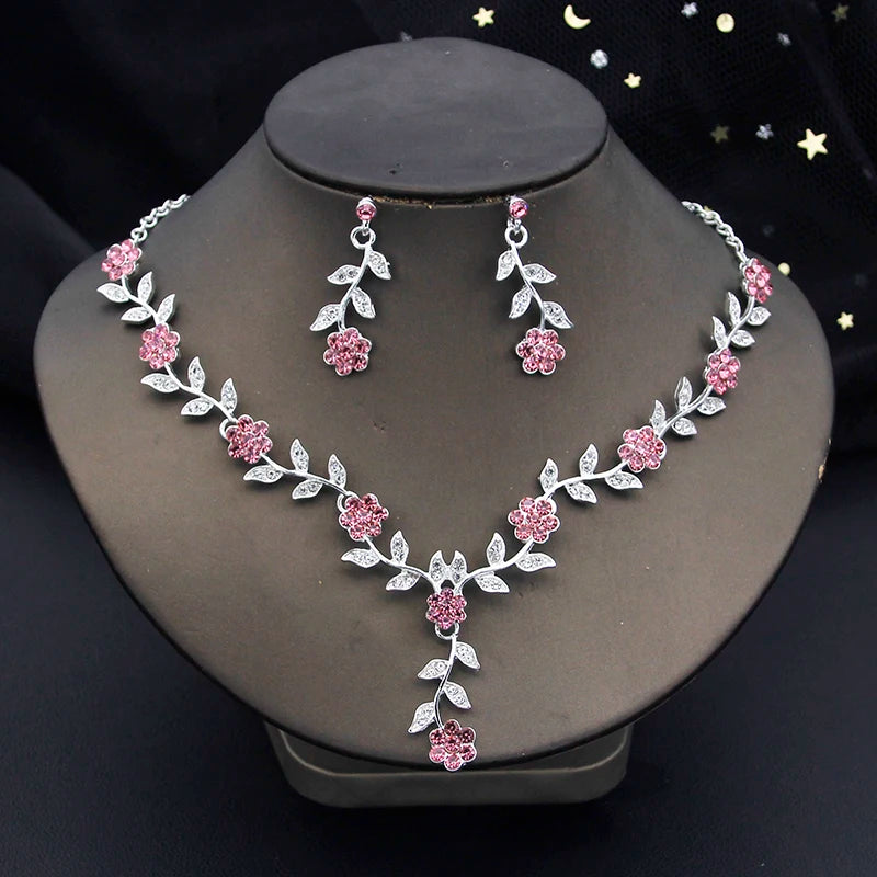 Rhinestones Flower Choker Necklace Earrings Set for women bridal Wedding Party Jewelry Set Fashion