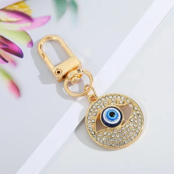 Creative Blue Eye Key Ring for Women Heart Palm Shaped Crystal Metal Keychain Fashion Turkish Jewelry Accessories Decoration