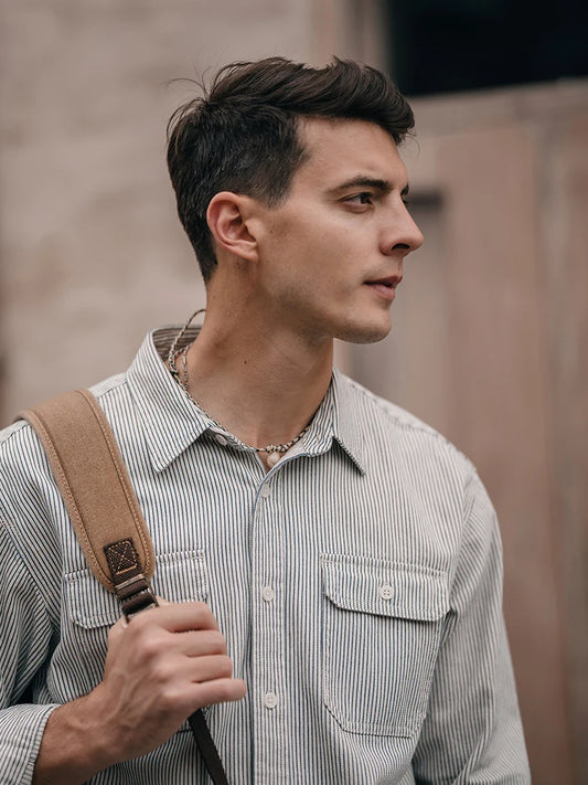 SIMWOOD High Standard 2025 Spring New Oversize 7oz Industrial Stripe Long Sleeve Work Shirts Men Chest Pocket Denim Shirt