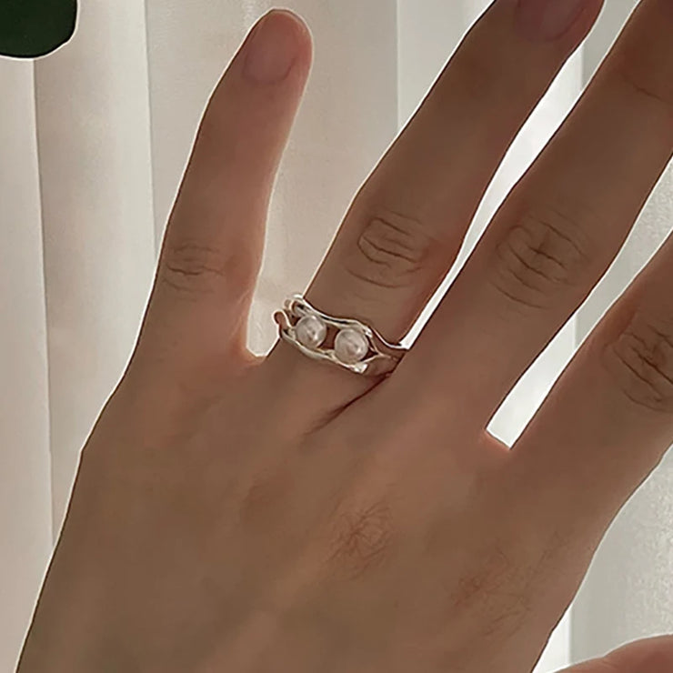 Foxanry Silver Color Pearl Rings for Women New Fashion Simple Double-layered Geometric Handmade Party Jewelry Gifts серьга