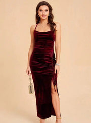 Sexy slim summer women's side slit drawstring velvet suspender dress party dress