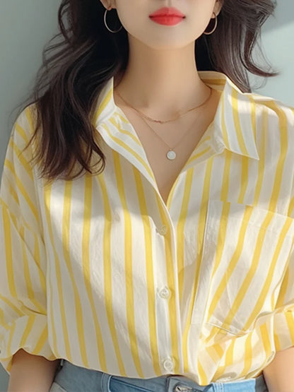 2024 New Summer Korean Aesthetic Loose Casual Office Lady Women's Shirt Pocket Mixed Cotton V Neck Long Sleeve Striped Y2K Tops