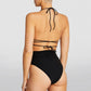 Women's Solid Color Bikini Set Hanging Neck Chest Flower Decoration Crisscross Bandage Swimwear Summer High Waist Bathing Suit
