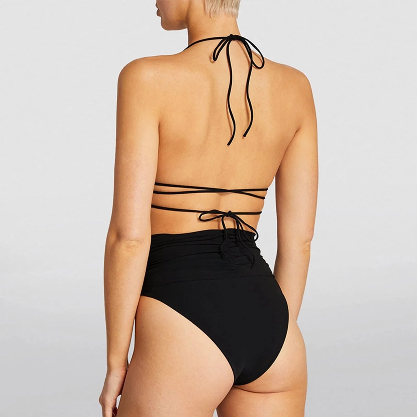 Women's Solid Color Bikini Set Hanging Neck Chest Flower Decoration Crisscross Bandage Swimwear Summer High Waist Bathing Suit