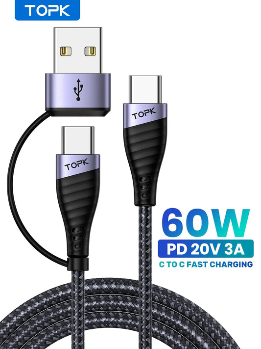 Cable USB tipo C 2 en 1 TOPK de 60 W, carga rápida PD, cable de datos para Xiaomi, Samsung, Realme, POCO, Huawei, Oneplus, cable cargador USB C
