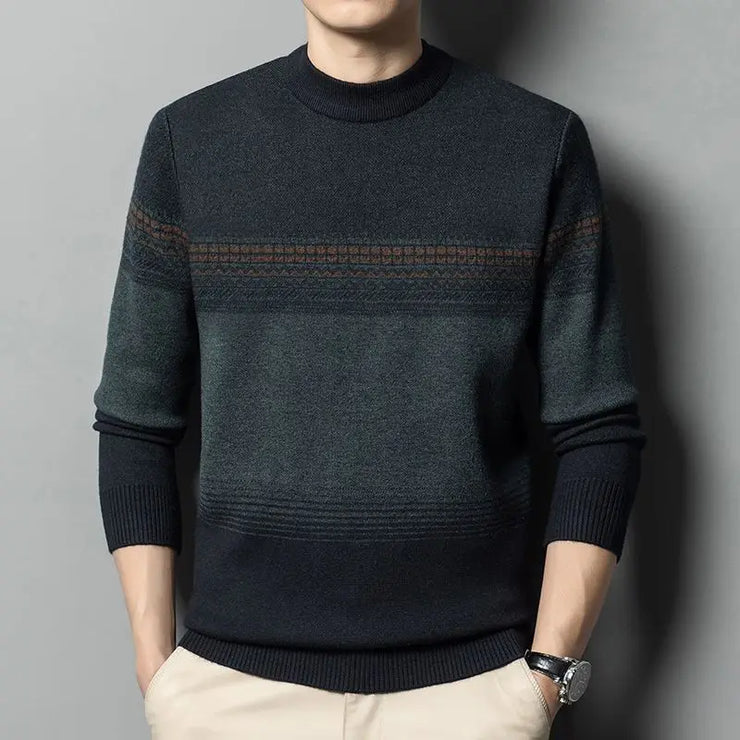 Autumn Winter Fashion High End Thickened Round Neck Sweater Men's Smart Casual Loose Versatile Patchwork Knitted Long Sleeve Top