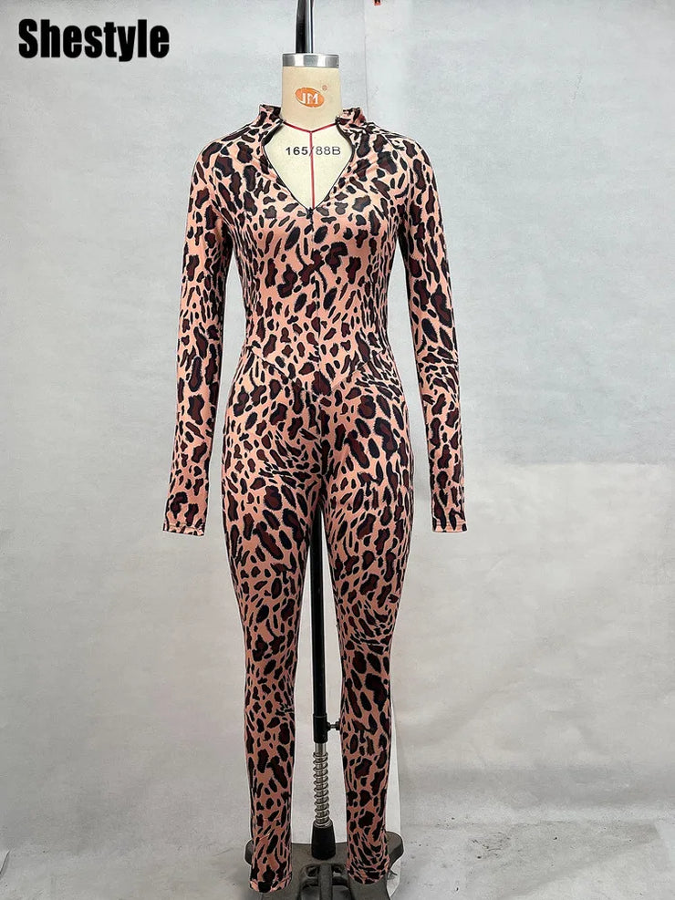 Shestyle Brown Leopard Zip Up Jumpsuits for Women Skinny Mock Neck Sexy Hand Hole Rompers Fitness Outwear Sporty Casual2024 New