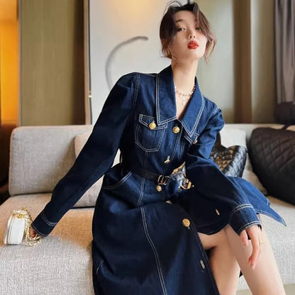 Blue Lapel Denim Dress For Women In Autumn And Winter, New Retro Commuting Style, Slim Denim Dress With A Waistband