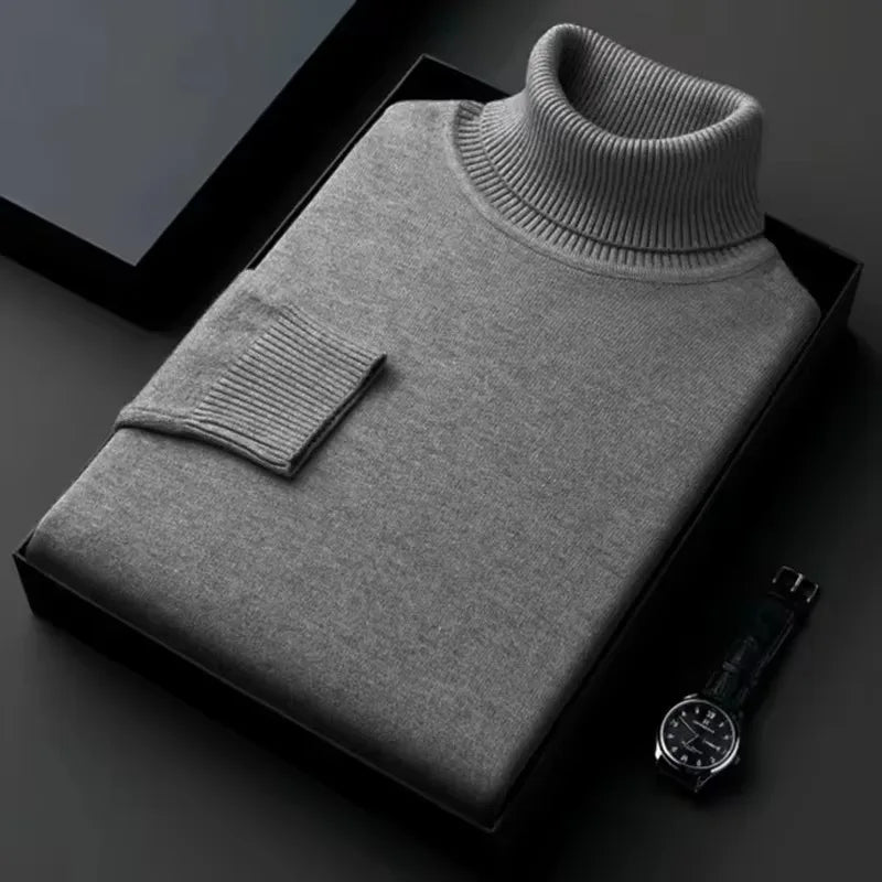 New Mens Long Sleeve Knitted Sweaters Solid Color Turtleneck Coats Slim Fit Pullover Men Clothing Lightweight Streetwear