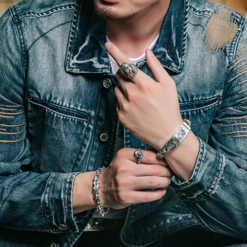 FoYuan Thai Silver Handmade Bracelet Male Domineering Dragon Head Bracele Fashion Retro Chinese Style Hip-Hop Punk Jewelry