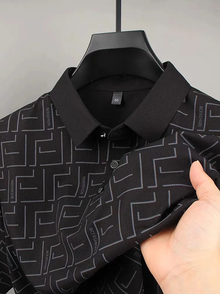 High quality ice silk short sleeve men's POLO shirt fashionable brand stripe design printed top breathable and No trace T-shirt