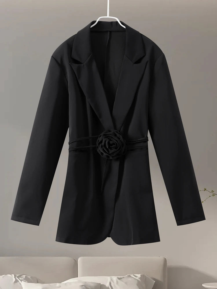 3D Flower Belts Blazer Coat Women Elegant Notched Double Breasted Long Sleeve Shoulder Pad Office Jacket Chic Gray Street Tops