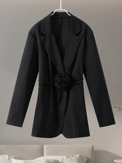 3D Flower Belts Blazer Coat Women Elegant Notched Double Breasted Long Sleeve Shoulder Pad Office Jacket Chic Gray Street Tops