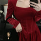 Autumn/winter Velvet Dress Red Engagement Birthday Party Mini Dress Christmas Square Collar Fishbone Puff Skirt For Women