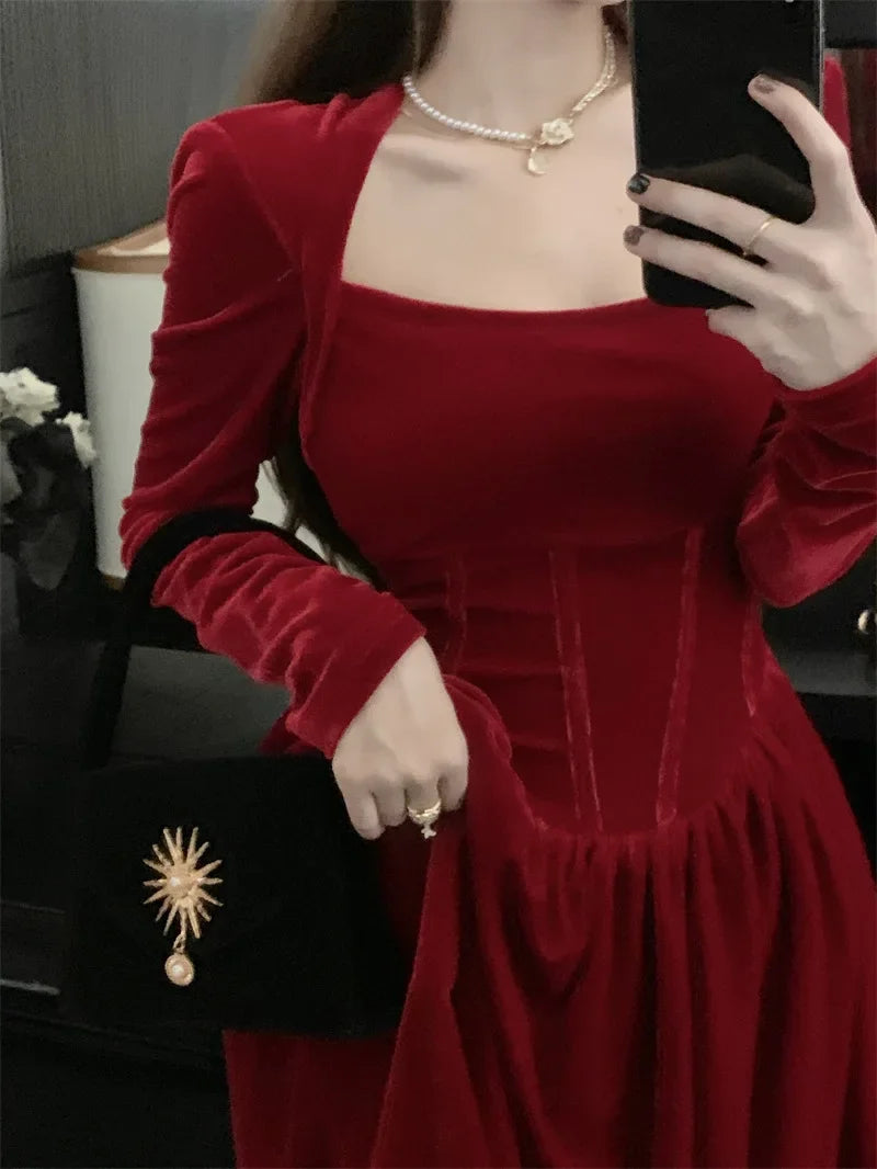 Autumn/winter Velvet Dress Red Engagement Birthday Party Mini Dress Christmas Square Collar Fishbone Puff Skirt For Women