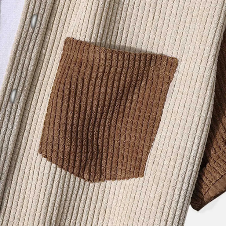 Male Corduroy Summer Sets Beach Short Sleeve Shirt Patchwork Drawstring Shorts Set With Pocket Men Suits Conjuntos De Hombre
