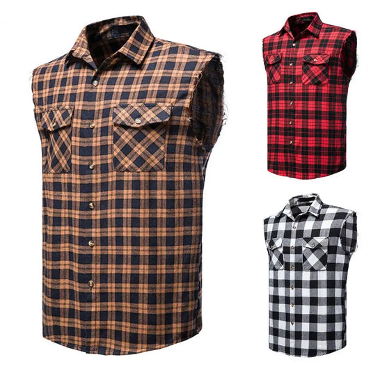 Men Vest Lapel Sleeveless Flap Pockets Single-breasted Shirt Vest 3D Cutting Men Plaid Print Waistcoat Jacket Vest Streetwear