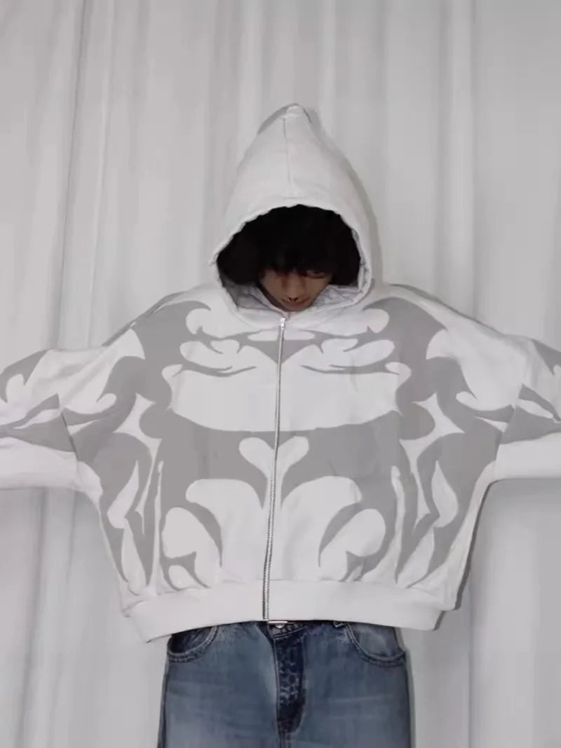 American fashion brand dark style pattern oversized hoodie men's Y2K street hip-hop Harajuku loose zipper sweatshirt women's