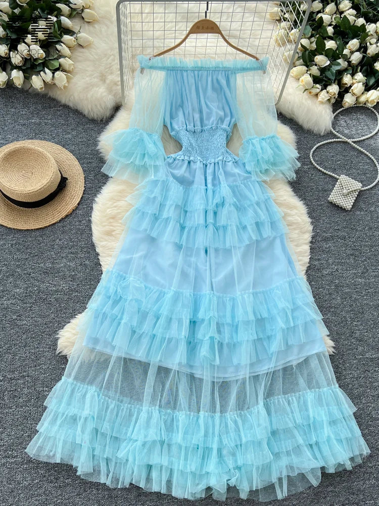 SINGREINY Elegante Vestido de Malla con Mangas Acampanadas y Hombros Descubiertos, Fruncido, Sólido, para Mujer, Otoño, Vestidos de Fiesta de Lujo para Personas Mayores