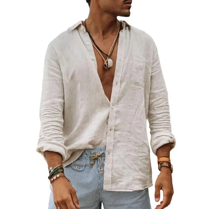 Chemises décontractées en coton et lin pour hommes, col montant, couleur unie, manches longues, hauts amples, printemps-automne 2023